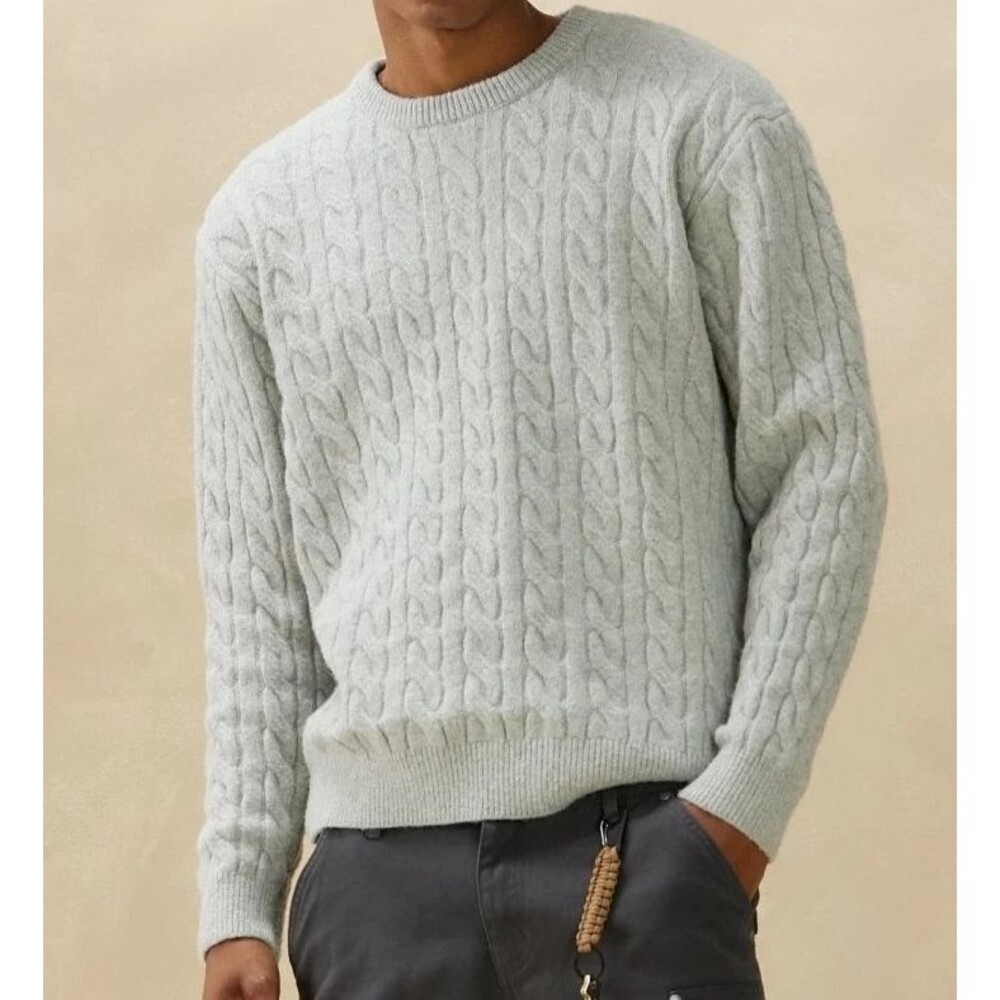 KUWALLA Sweater Mens Small Grey Braided Crew Neck Pullover Cableknit Wool Blend